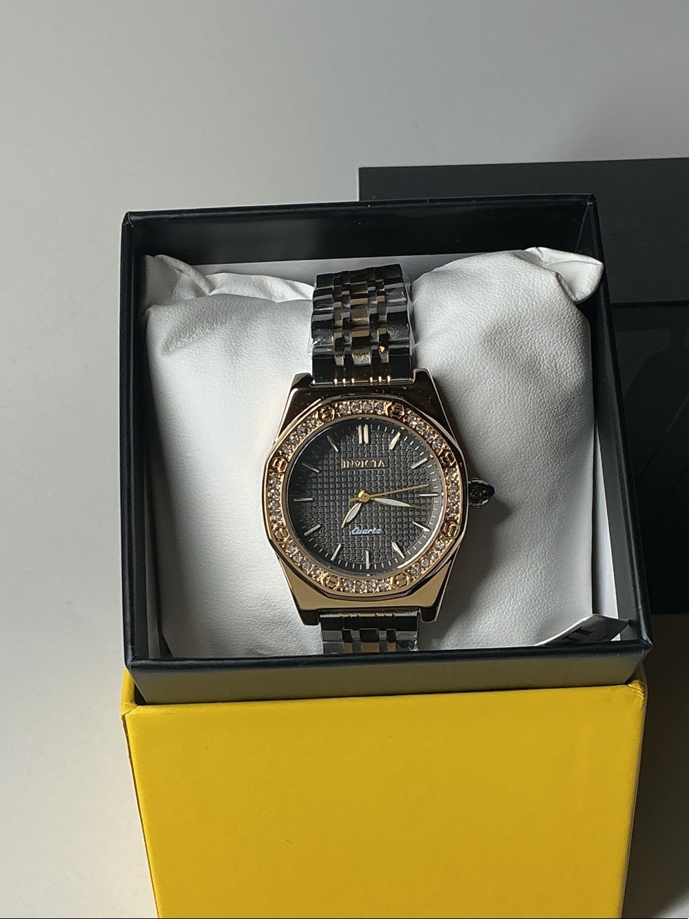 Invicta Two-Tone Black and Gold Women's Bracelet Watch with Crystal Bezel
